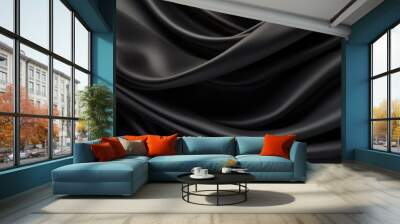 This image showcases an elegant black satin fabric with luxurious waves creating a smooth texture perfect for background use Wall mural