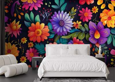 This vibrant image showcases a variety of bold and colorful flowers in an intricate and detailed pattern, celebrating the vibrancy and diversity of nature in a modern artistic style. Wall mural