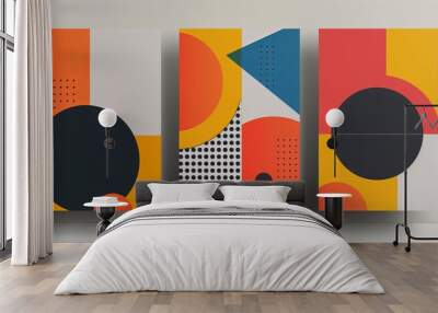 Three abstract geometric art pieces featuring vibrant circular shapes and patterns, incorporating a variety of bright colors and bold designs on a smooth backdrop. Wall mural