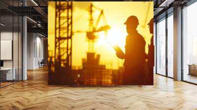 Two construction workers, silhouetted by the setting sun, stand at a construction site with equipment and cranes visible in the background, emphasizing the work environment. Wall mural