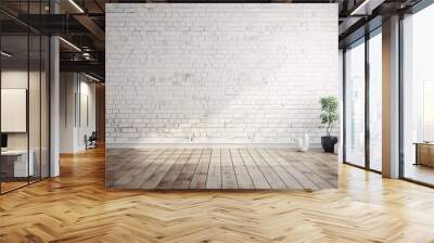 white brick wall background in rural room, brick and wooden floor beautiful interior design Wall mural