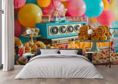 A retro 90s party with bright decorations and a boombox Wall mural