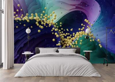 Abstract waves and floating spheres in vibrant landscape. modern 3d art. dynamic movement and flow concept. for digital design, wallpaper, interior decor. surreal background Wall mural