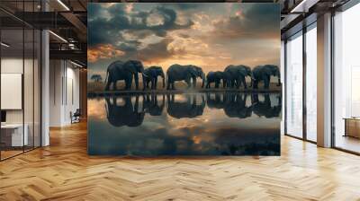 African elephants gathered at a watering hole in a wildlife reserve Wall mural