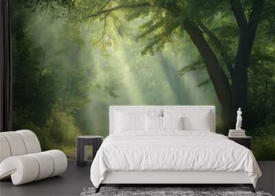 Beautiful sunlit forest on a clear day with photorealistic details Wall mural