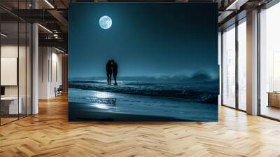 couple on romantic moonlit beach walk Wall mural