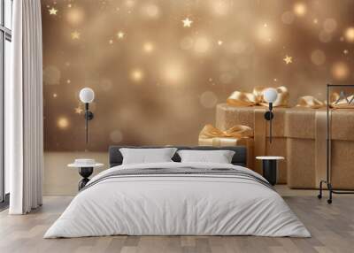 Elegant golden gift boxes with sparkling background for holidays Wall mural