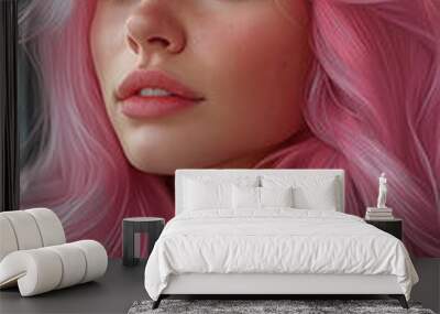 Full-body illustration of a woman with pink hair Wall mural