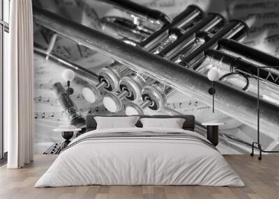 A view of the musical instrument which is the trumpet against the background of the sheet music Wall mural