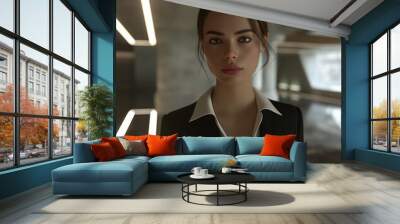 Lifelike portrayal of a confident woman standing in a modern office setting Wall mural