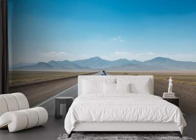 lone cyclist on a vast empty road with a clear sky Wall mural