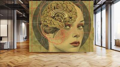 Side profile of a woman with brain diagram Wall mural