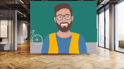 Smiling bearded man with glasses and bicycle in background Wall mural