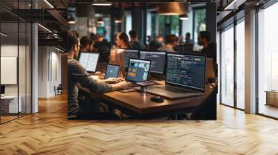 A scene showcasing a team of software developers coding, collaborating, and testing applications in a modern development environment Wall mural