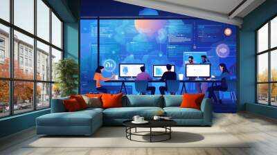 A scene showcasing a team of software developers coding, collaborating, and testing applications in a modern development environment Wall mural