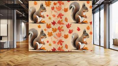 Amazing autumn wallpaper, illustration, pattern in vintage squirrel style Wall mural