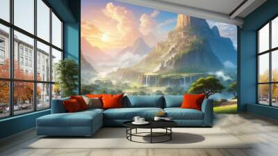 Artistic illustration of mountain and valley fantasy style Wall mural