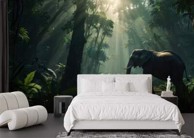 Beautiful elephant wallpaper in tropical forest Wall mural