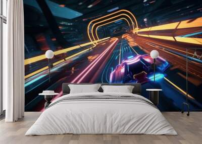 Create a futuristic racing game with sleek hovercars and neon lit tracks Wall mural