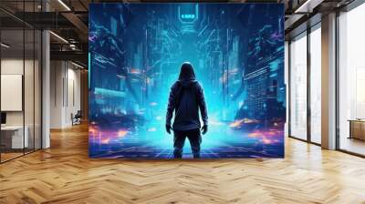 Cyberpunk hacker in a futuristic setting Wall mural