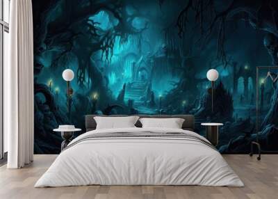 Dark and eerie scene depicting an underworld realm, where ethereal spirits, wicked creatures, and mysterious specters dwell. Use shadowy lighting and haunting colors to evoke a sense of foreboding Wall mural