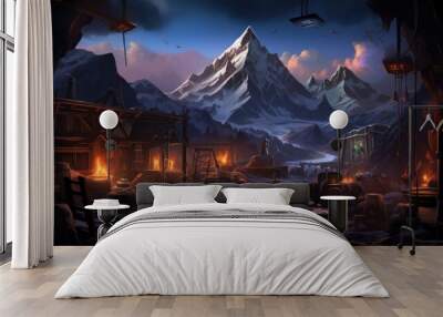 Depict a forge nestled near a volcano where mythical weapons are crafted game art Wall mural