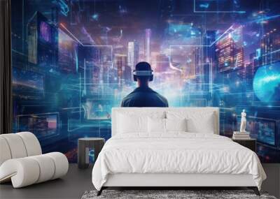 Depict a skilled cyberpunk hacker in a futuristic setting, surrounded by holographic interfaces, intricate code, and virtual reality elements Wall mural