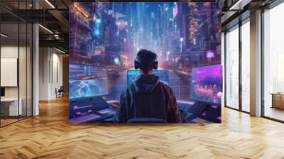 Depict a skilled cyberpunk hacker in a futuristic setting, surrounded by holographic interfaces, intricate code, and virtual reality elements Wall mural