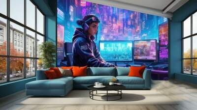 Depict a skilled cyberpunk hacker in a futuristic setting, surrounded by holographic interfaces, intricate code, and virtual reality elements Wall mural