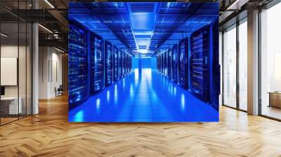 Depict a state of the art data center with rows of server racks, cooling systems, and redundant power supplies	
 Wall mural