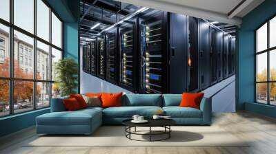 Depict a state of the art data center with rows of server racks, cooling systems, and redundant power supplies Wall mural