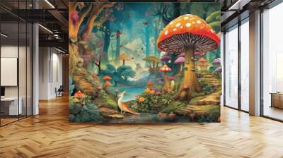 Depict a whimsical forest filled with enchanted trees, talking animals, and hidden magical beings Wall mural