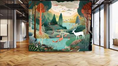 Depict a whimsical forest filled with enchanted trees, talking animals, and hidden magical beings Wall mural