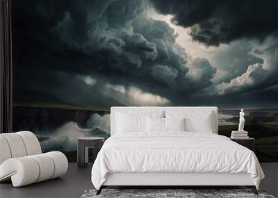 Describe a tumultuous open world landscape amidst a powerful storm, where nature's fury and breathtaking views collide in a mesmerizing display Wall mural