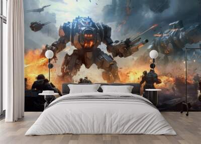 Epic clash between colossal mechs in a war - torn landscape, with explosions and laser beams lighting up the scene Wall mural