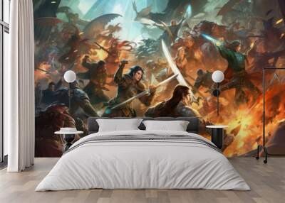 Epic fantasy battle between different races and factions, featuring warriors, mages, and mythical creatures locked in a clash of swords and magic Wall mural