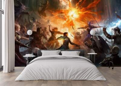 Epic fantasy battle between different races and factions, featuring warriors, mages, and mythical creatures locked in a clash of swords and magic Wall mural