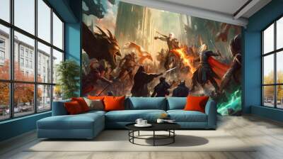 Epic fantasy battle between different races and factions, featuring warriors, mages, and mythical creatures locked in a clash of swords and magic Wall mural