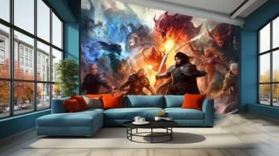 Epic fantasy battle between different races and factions, featuring warriors, mages, and mythical creatures locked in a clash of swords and magic Wall mural