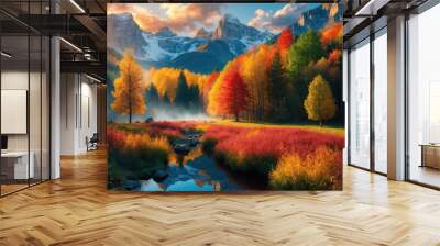 Eye-soothing wallpaper showing the beautiful face of autumn colors of trees that naturally blend with the lake and mountains Wall mural