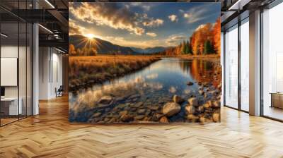 Eye-soothing wallpaper showing the beautiful face of autumn colors of trees that naturally blend with the lake and mountains Wall mural