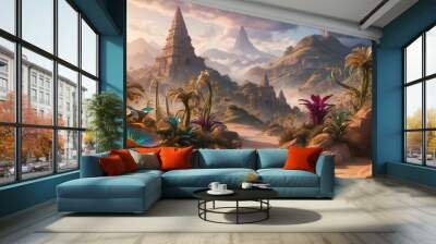 Fantasy art antique landscape of exotic trees and beautiful mountains Wall mural