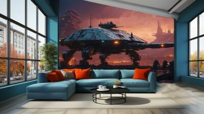 Futuristic illustration of military machines on the battlefield game style Wall mural