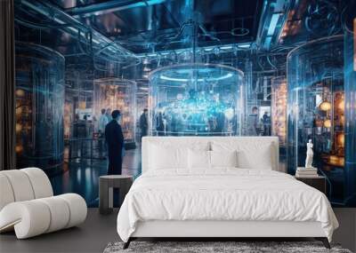 Futuristic laboratory where scientists harness the power of quantum computers, with complex algorithms and quantum entanglement pushing the boundaries of computation Wall mural