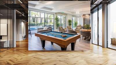 Game room with a pool table, a foosball table, and other entertaining options for residents to enjoy friendly competition and leisure activities Wall mural