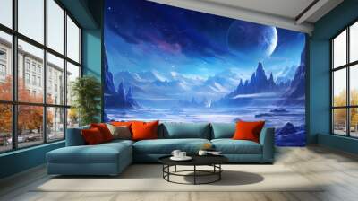 Illustrate an icy and alien planet with towering ice spires, frozen lakes, and an alien sky filled with unfamiliar constellations game art Wall mural