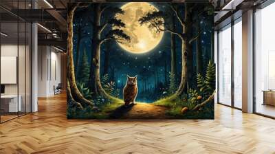 In the enchanted forest sits an owl, the forest is very mysterious sometimes magical Wall mural