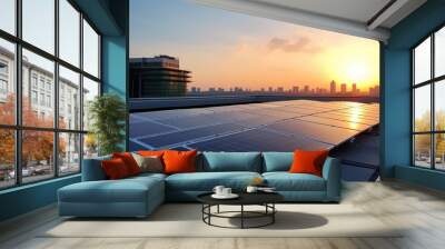 Innovative technologies in renewable energy, such as solar panels, wind turbines, or advanced energy storage systems, aimed at reducing carbon footprint and promoting sustainability Wall mural