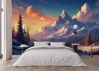 Landscape colorful illustration of winter mountains Wall mural