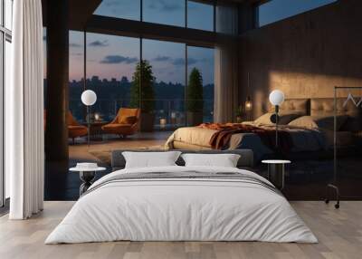 Modern bedroom, evening with mood lighting Wall mural